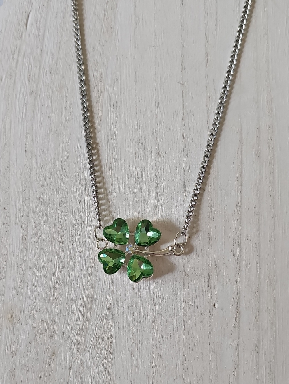 Silver Necklace with Green Rhinestone Four-Leaf Clover Pendant
